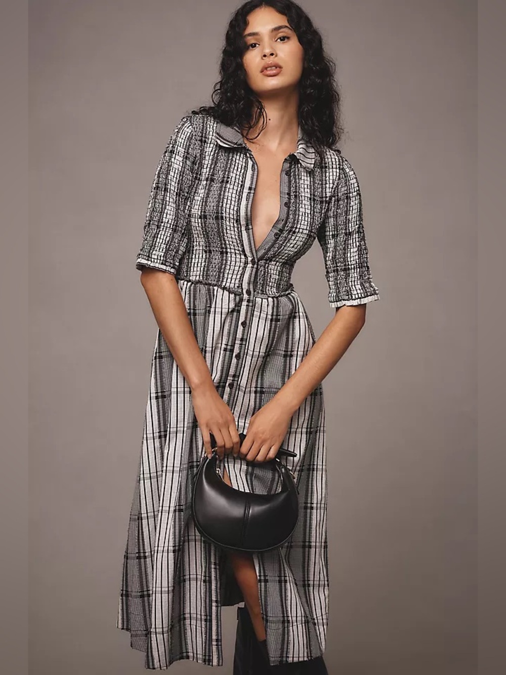 Maeve Anthropologie Black and White Plaid Smocked Midi Dress